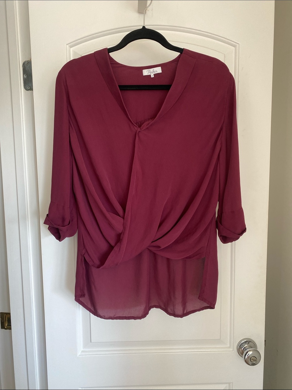 Parker 100% Silk Draped Hi-Low Burgundy Maroon Blouse V-Neck Medium